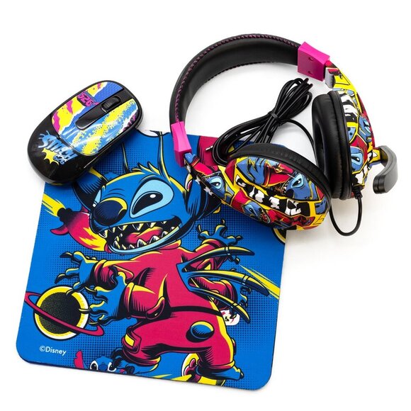 Disney Stitch 3 Piece Tech Bundle Mouse Pad Folder Headset & Mouse NIB